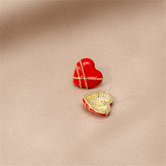 Red Enamel & 18K Gold-Plated Striped Heart Stud Earrings