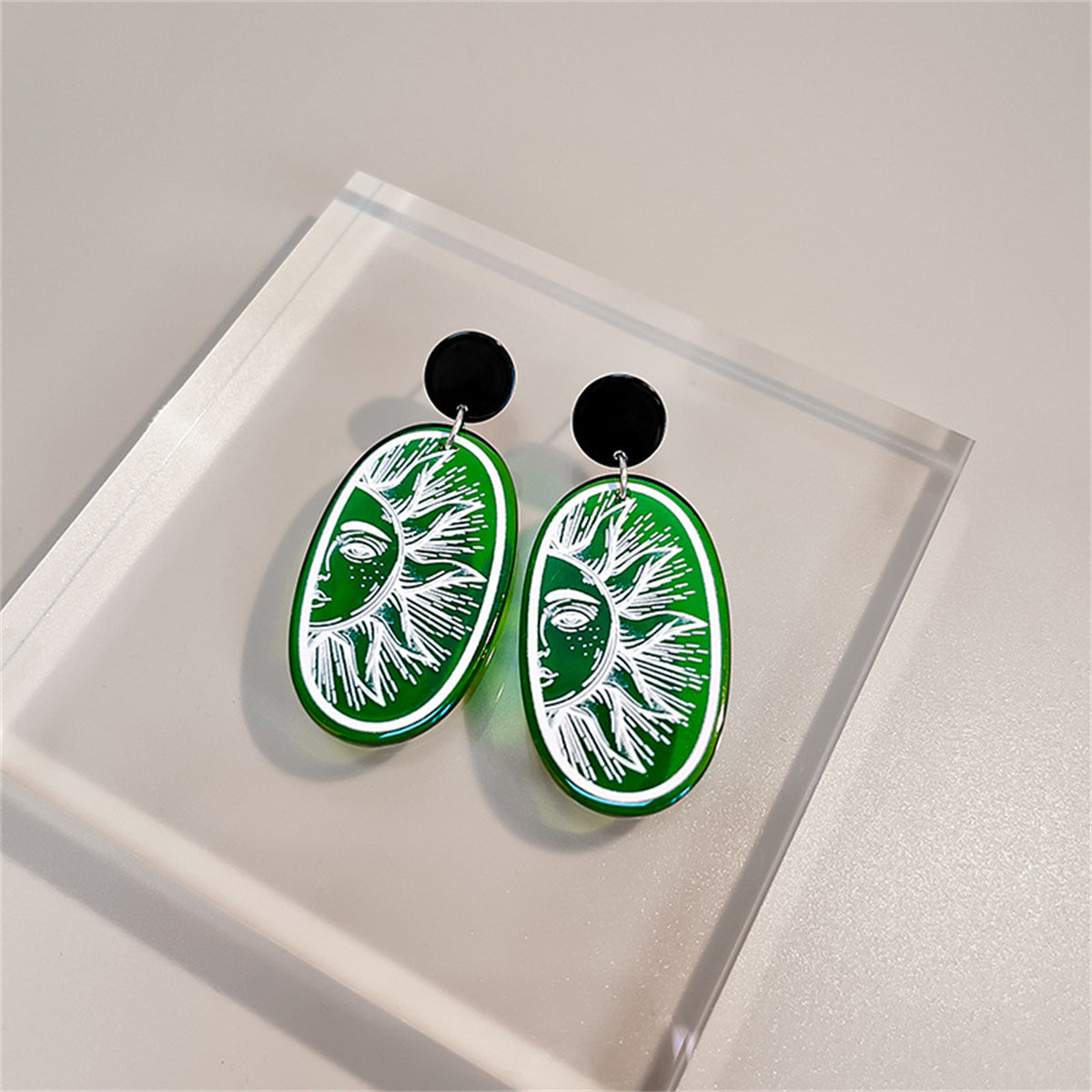 Green Acrylic & Silver-Plated Sun Oval Drop Earrings