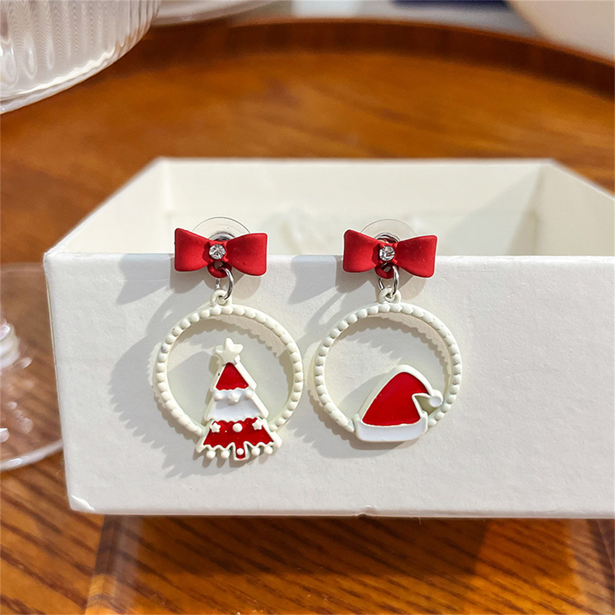 White & Red Hat Christmas Tree Circle Mismatch Drop Earrings