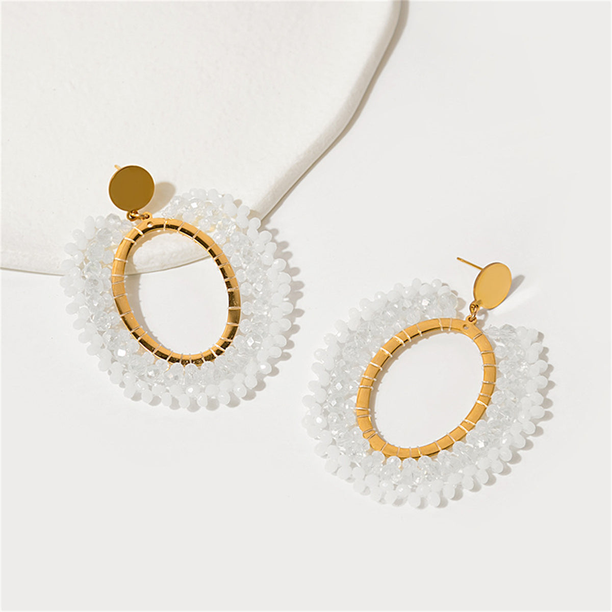 White Acrylic & 18K Gold-Plated Bead-Detail Oval Drop Earrings
