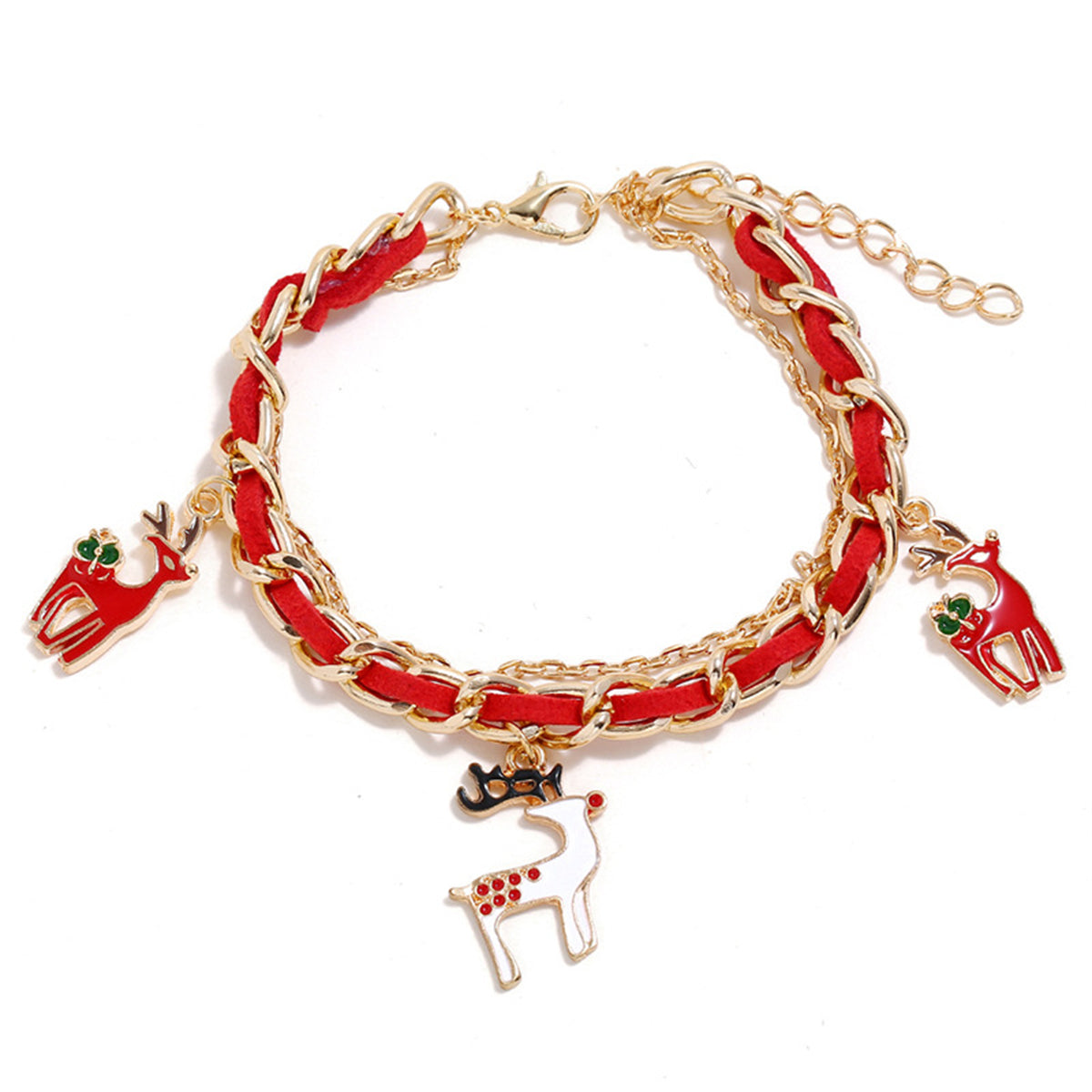 Red Enamel & 18K Gold-Plated Threaded-Cord Reindeer Charm Bracelet