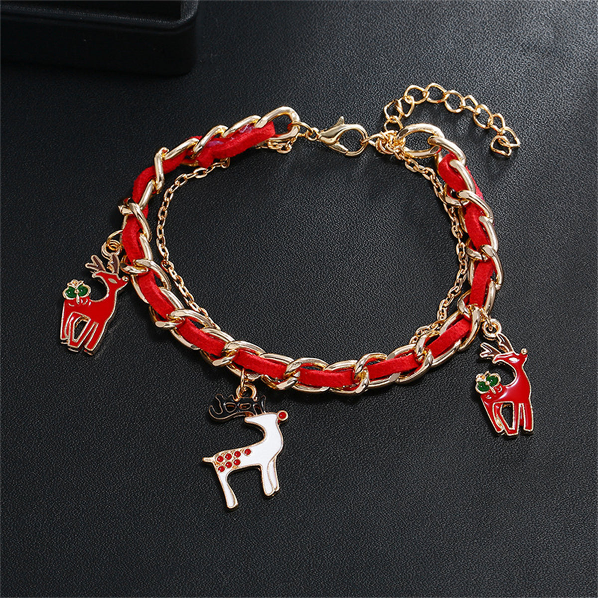 Red Enamel & 18K Gold-Plated Threaded-Cord Reindeer Charm Bracelet