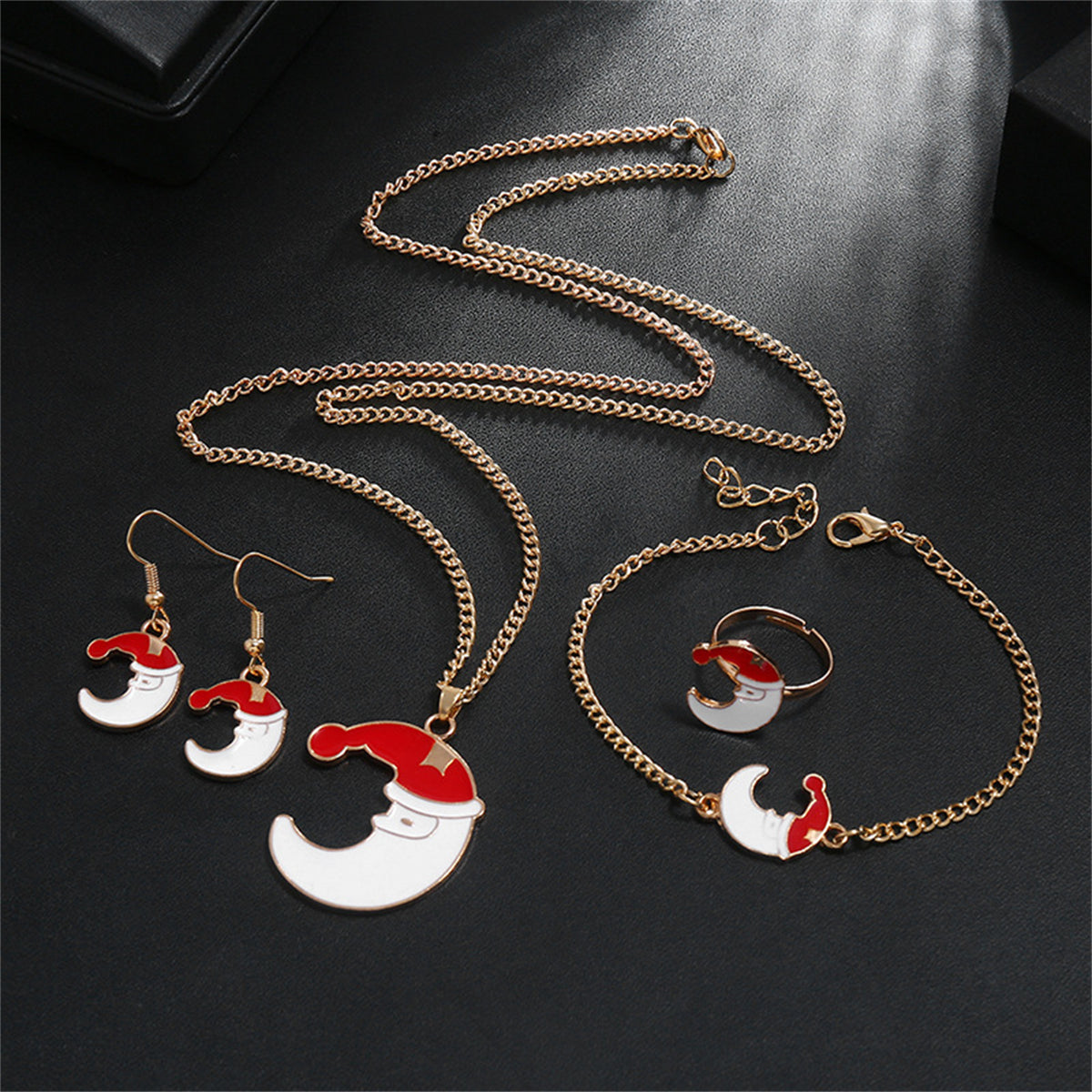 Red & White Santa Moon Pendant Necklace Set