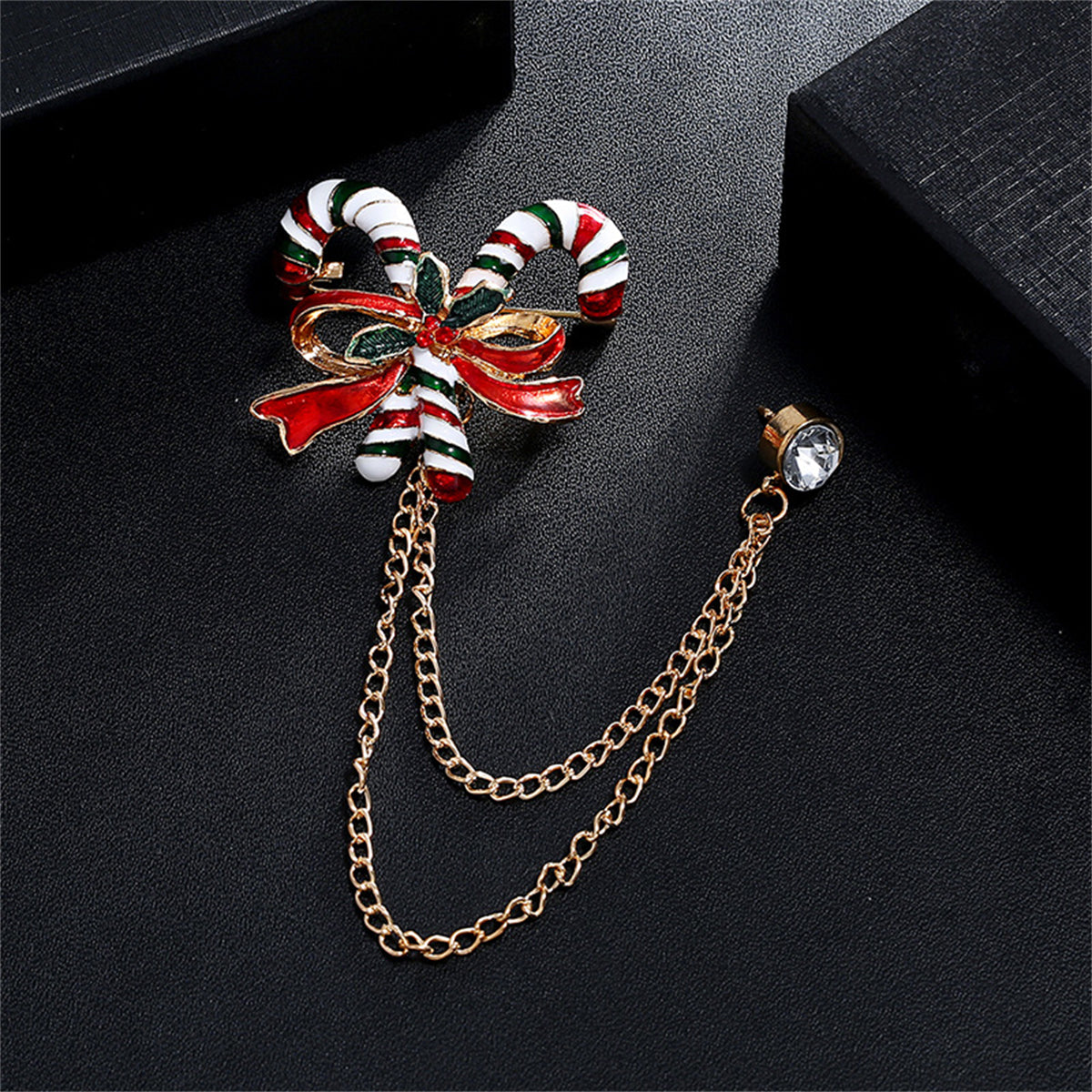 Cubic Zirconia & 18K Gold-Plated Candy Cane Chain Brooch