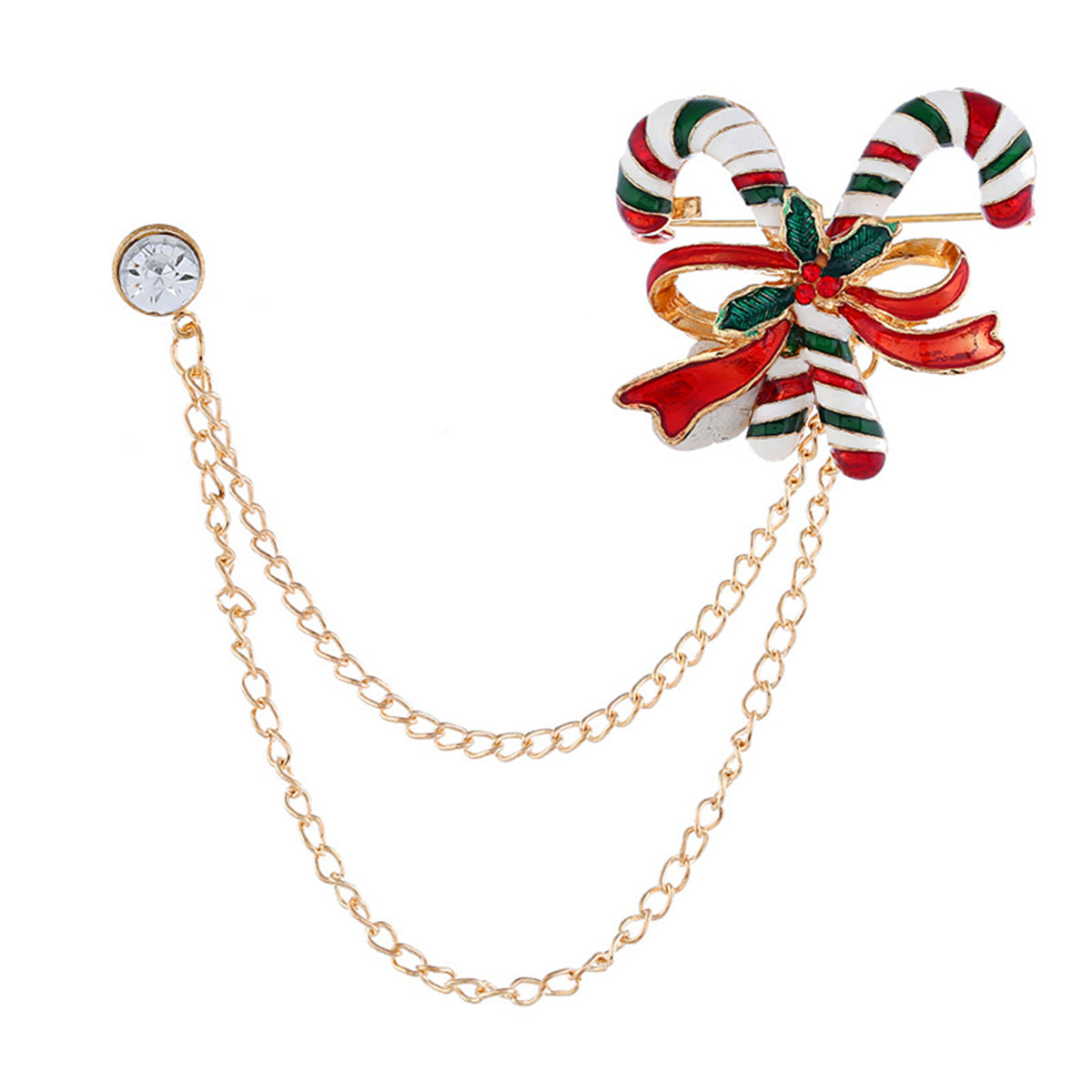 Cubic Zirconia & 18K Gold-Plated Candy Cane Chain Brooch