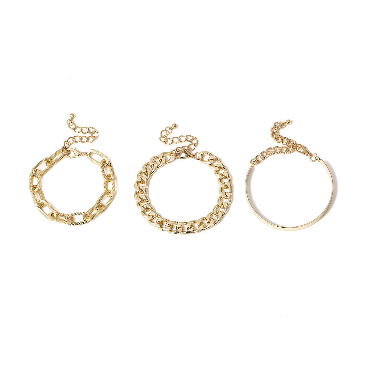 Three elegant 18K gold-plated chain link bracelets, showcasing a stylish Figaro design for a chic accessory look.