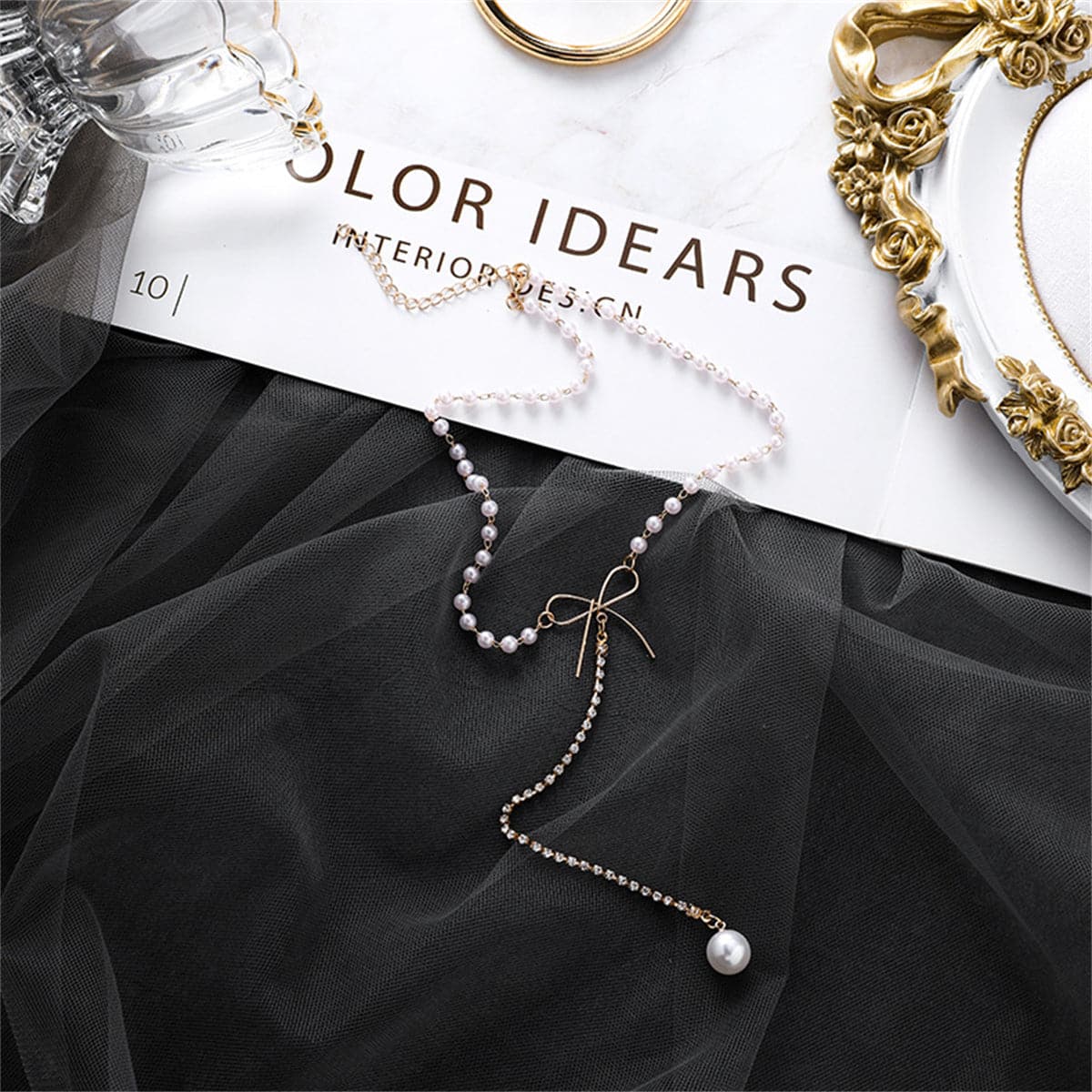 Pearl & Cubic Zirconia Bow Lariat Necklace