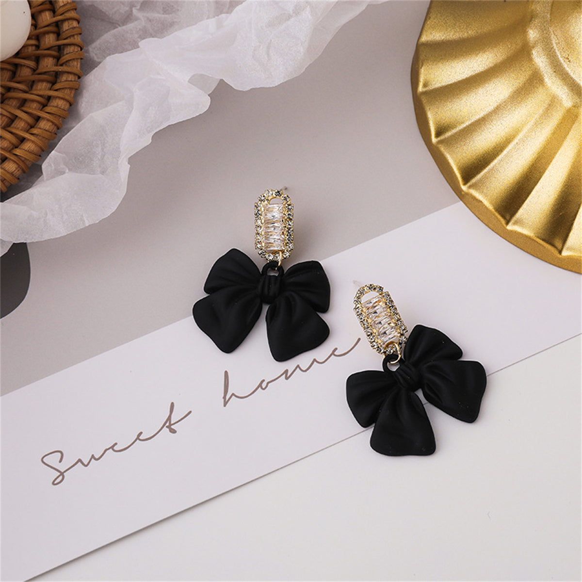 Black Acrylic & Cubic Zirconia Bow Baguette-Cut Drop Earrings