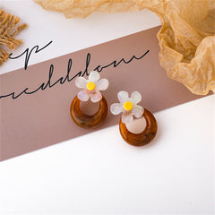 Brown & White Acrylic Floral Hoop Stud Earrings