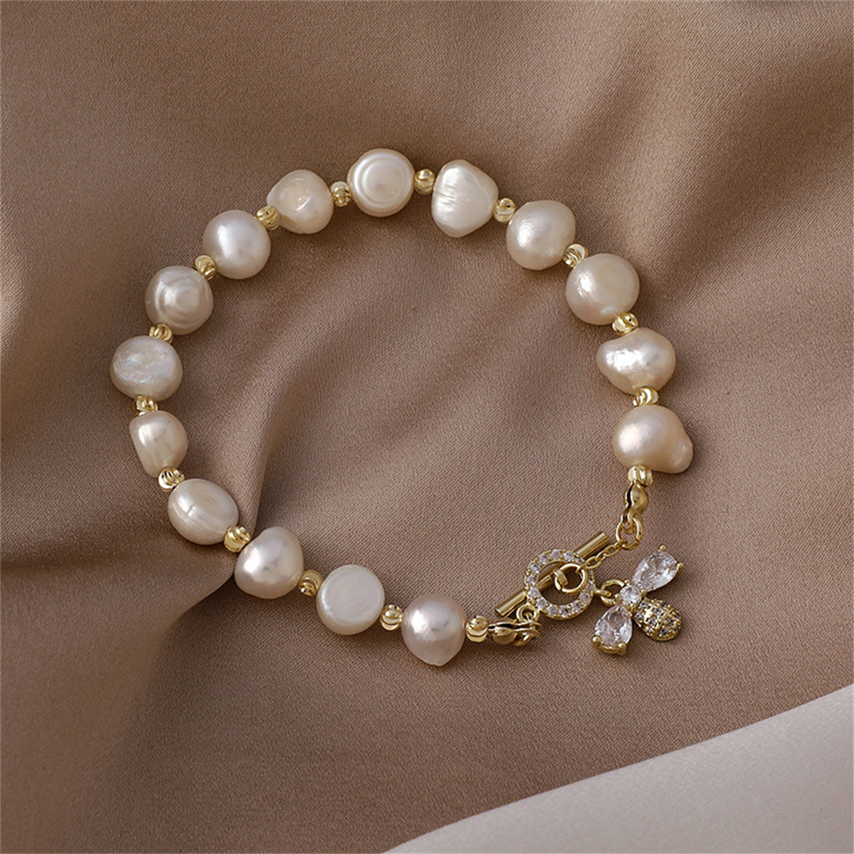 Pearl & Crystal Cubic Zirconia Bee Charm Bracelet