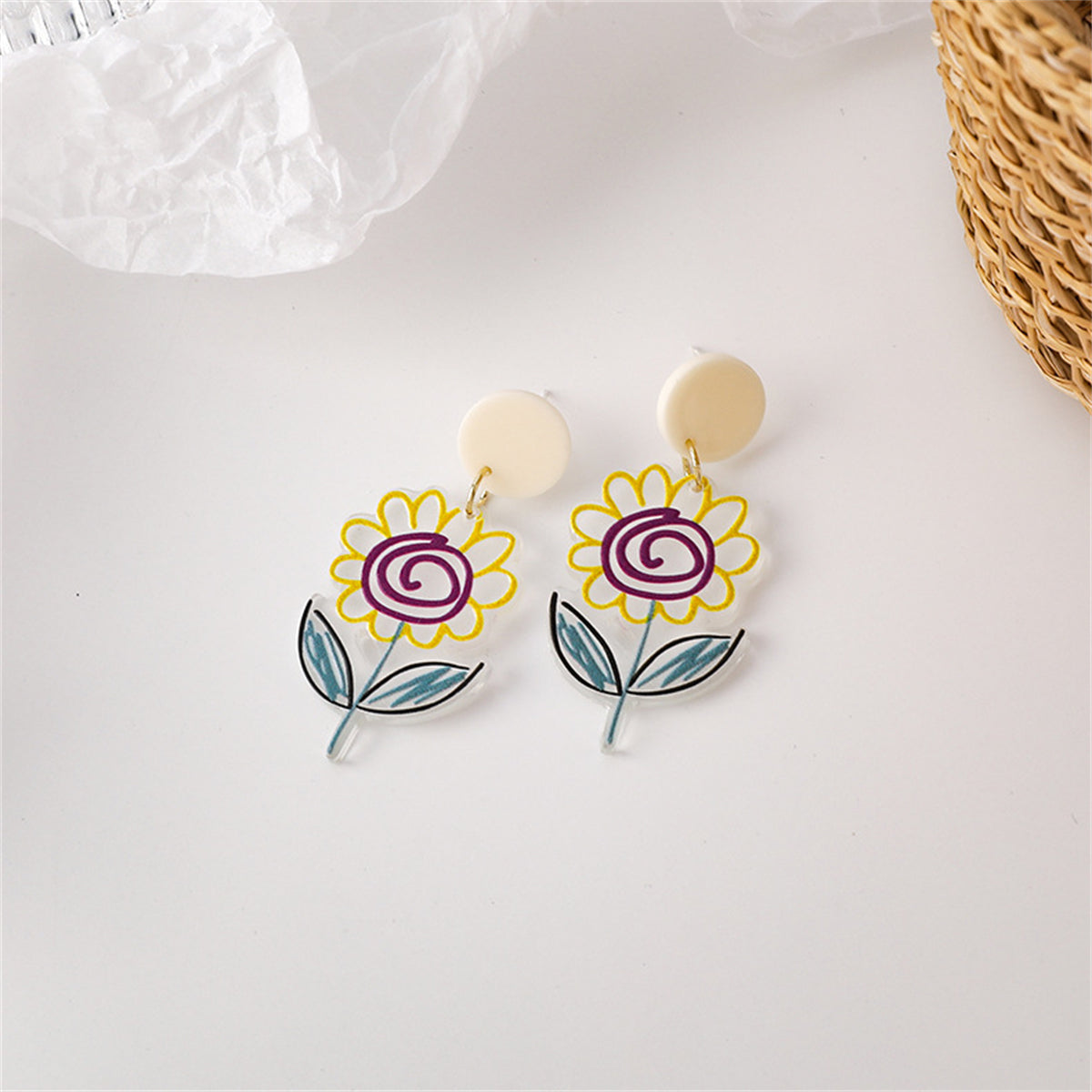 Yellow & Purple Acrylic & Enamel Flower Drop Earrings