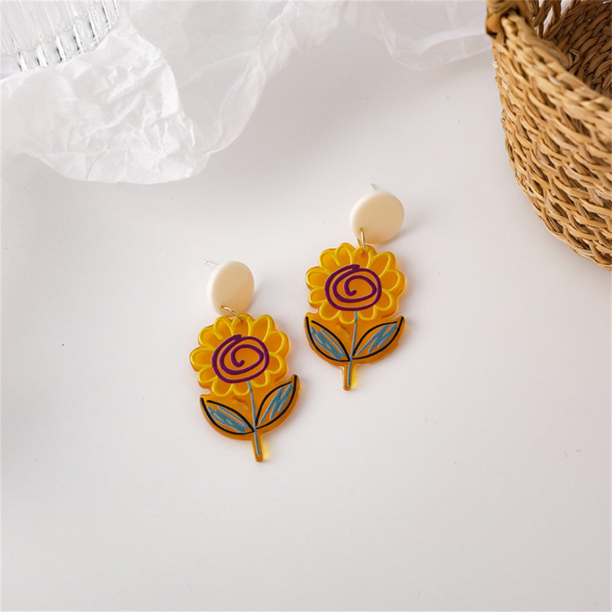 Yellow Acrylic & Enamel Flower Drop Earrings