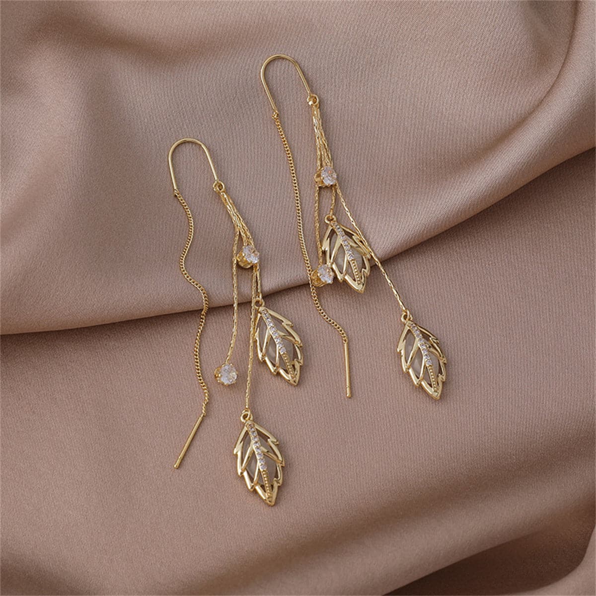 Cats Eye & 18K Gold-Plated Double Leaf Ear Threader Earrings