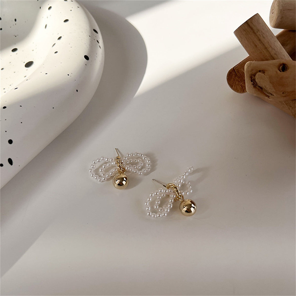 Pearl & 18K Gold-Plated Beaded Bow Ball Drop Earrings