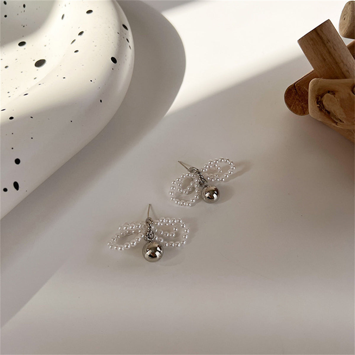 Pearl & Silver-Plated Beaded Bow Ball Drop Earrings