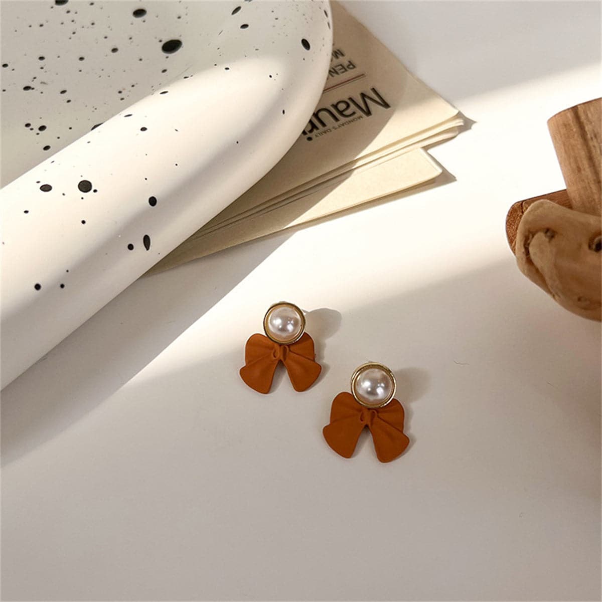 Pearl & Orange Enamel Bow Drop Earrings