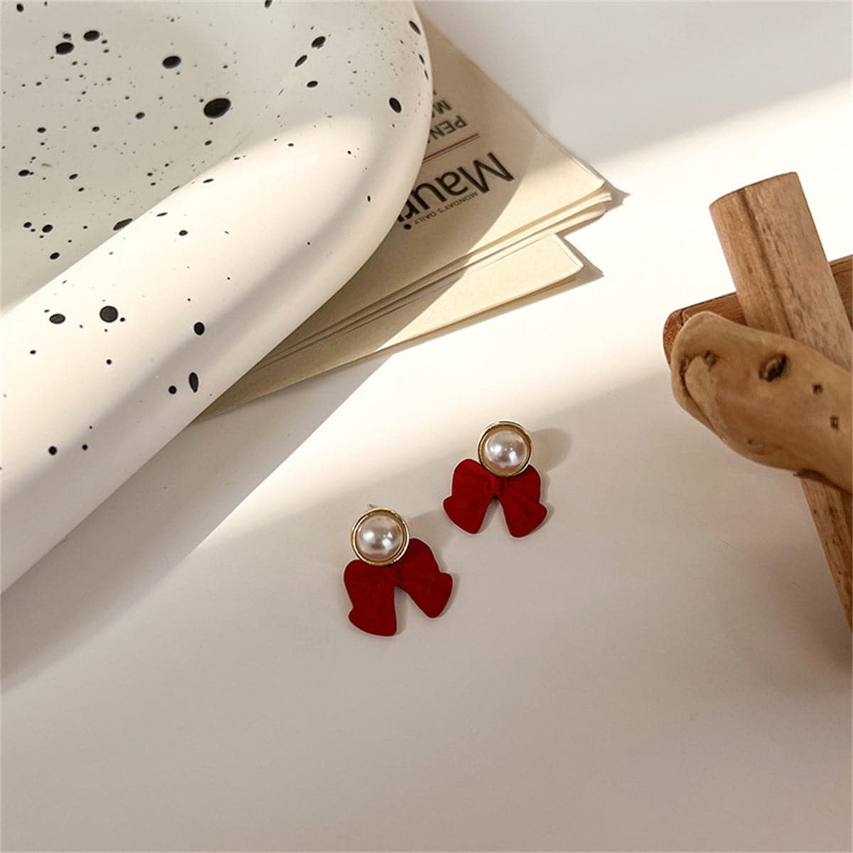 Red Enamel & Pearl Bow Drop Earrings