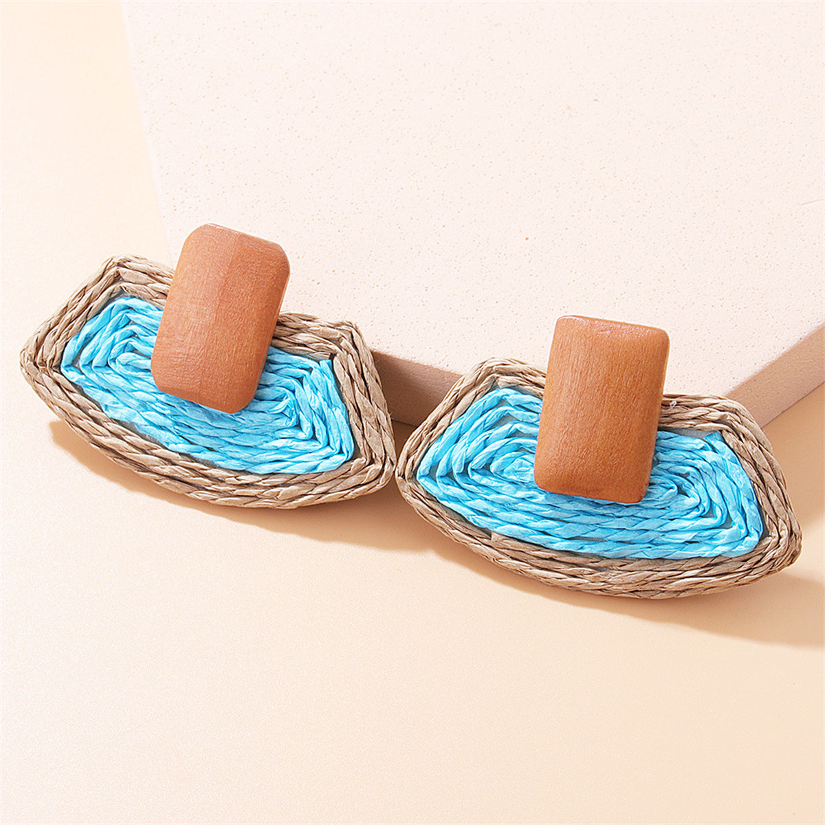 Blue Raffia & Wood Ladder Drop Earrings