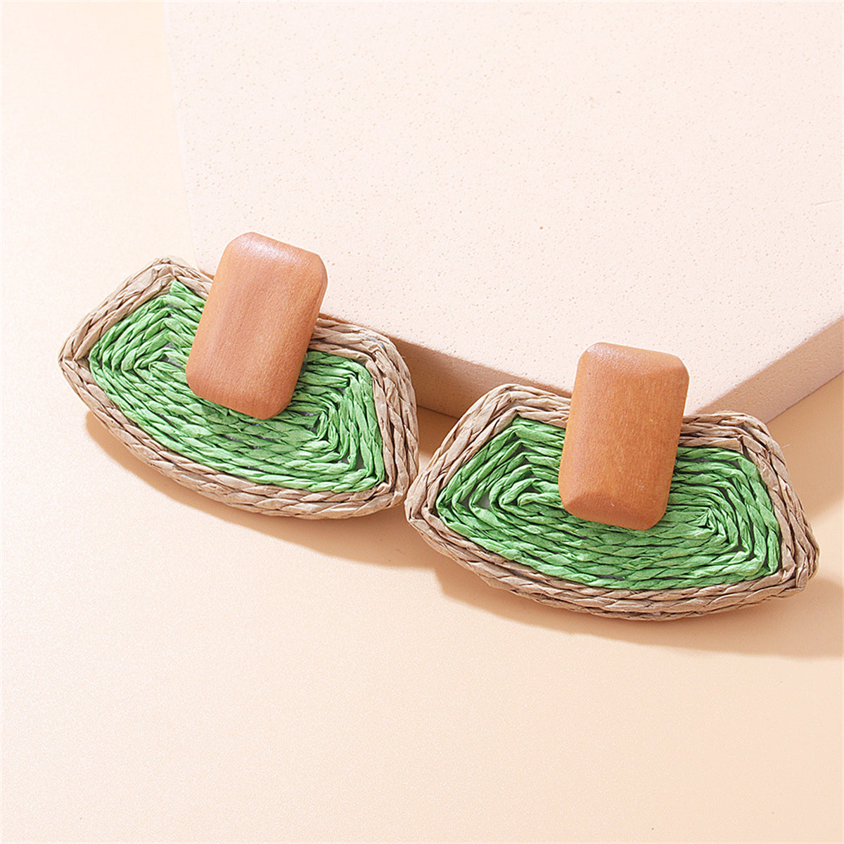 Green Raffia & Wood Ladder Drop Earrings