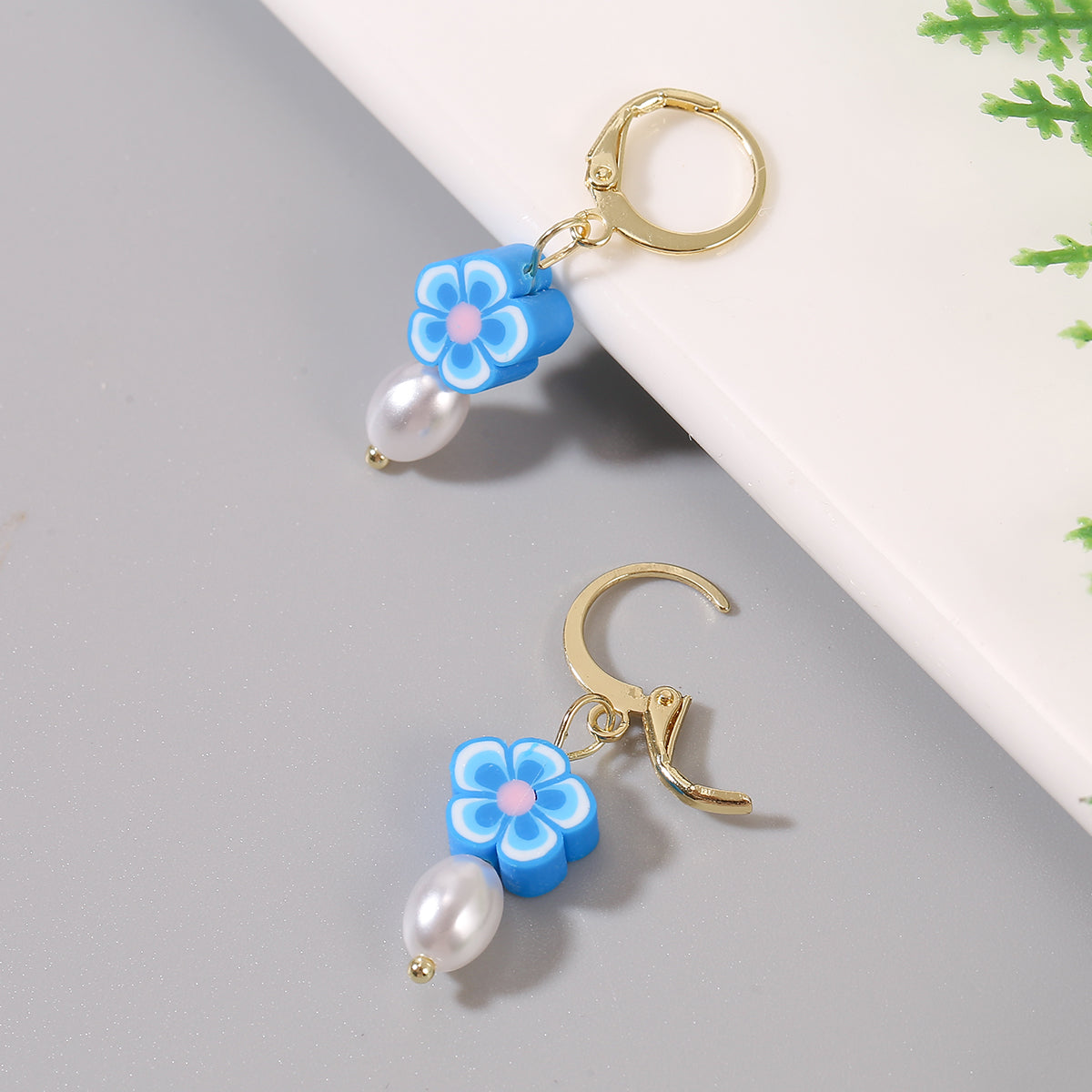 Pearl & Polymer Clay 18K Gold-Plated Flower Huggie Earrings