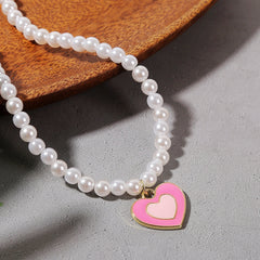 Pink Enamel & Pearl Beaded Heart Pendant Necklace