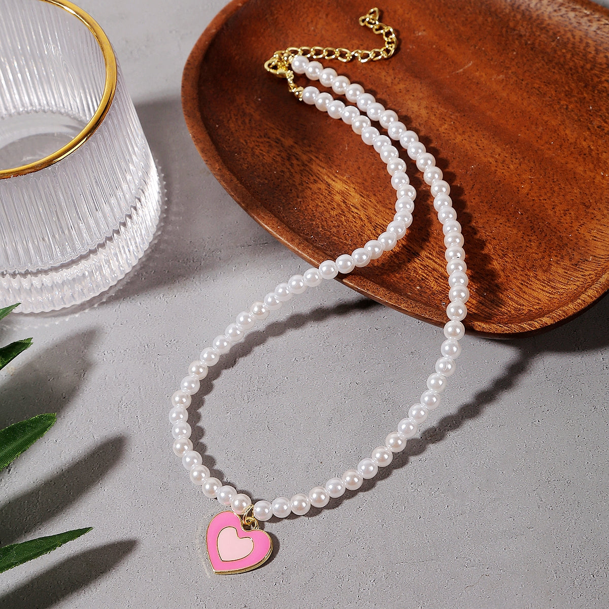 Pink Enamel & Pearl Beaded Heart Pendant Necklace