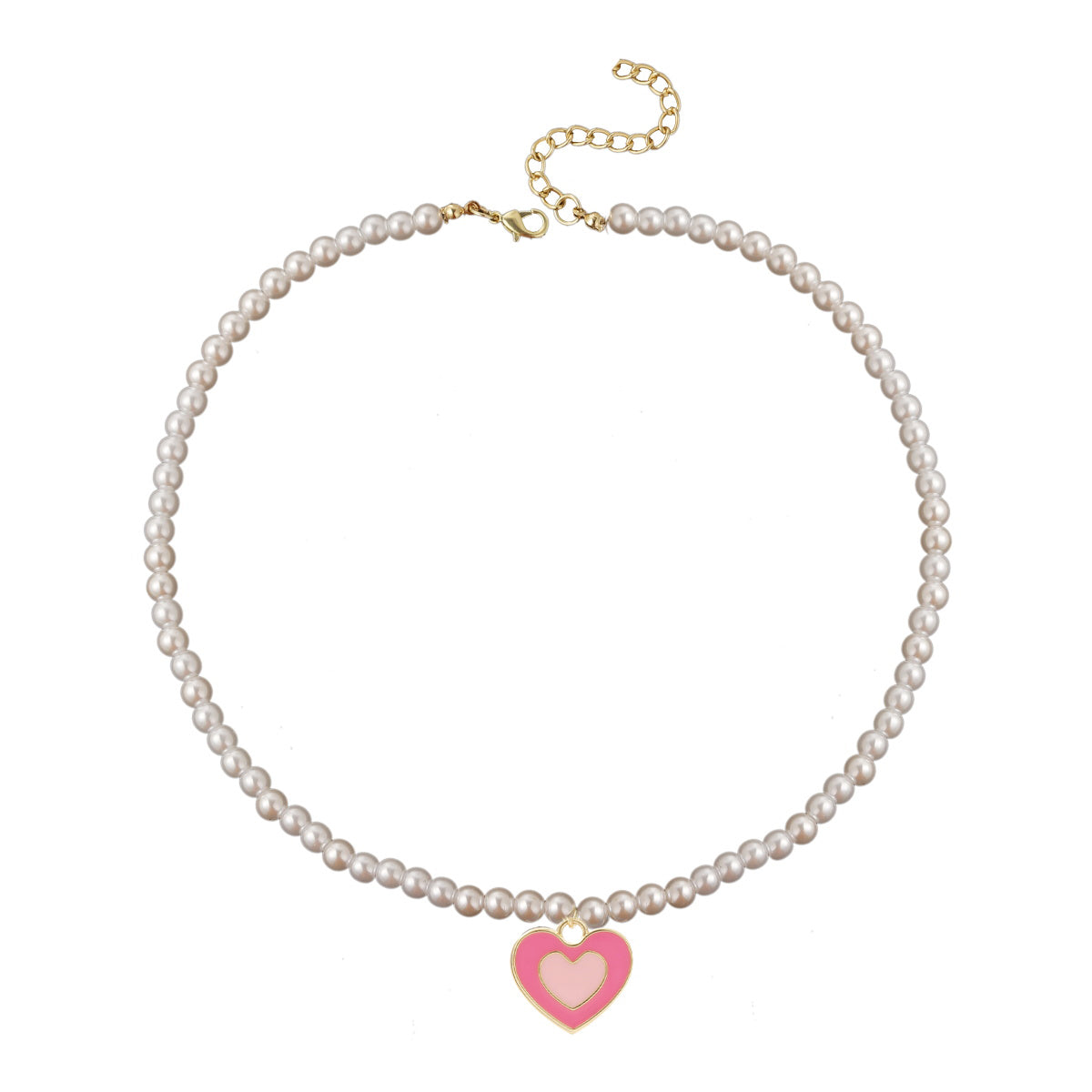 Pink Enamel & Pearl Beaded Heart Pendant Necklace