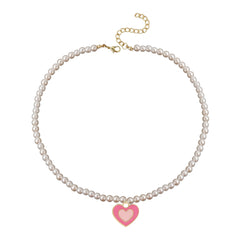 Pink Enamel & Pearl Beaded Heart Pendant Necklace