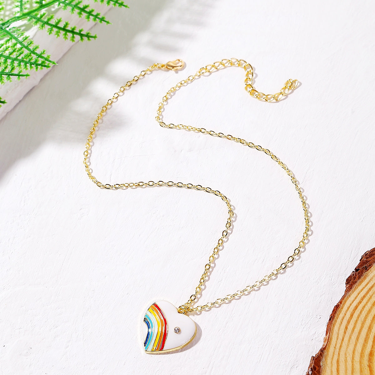 White Enamel & Cubic Zirconia 18K Gold-Plated Rainbow Heart Pendant Necklace