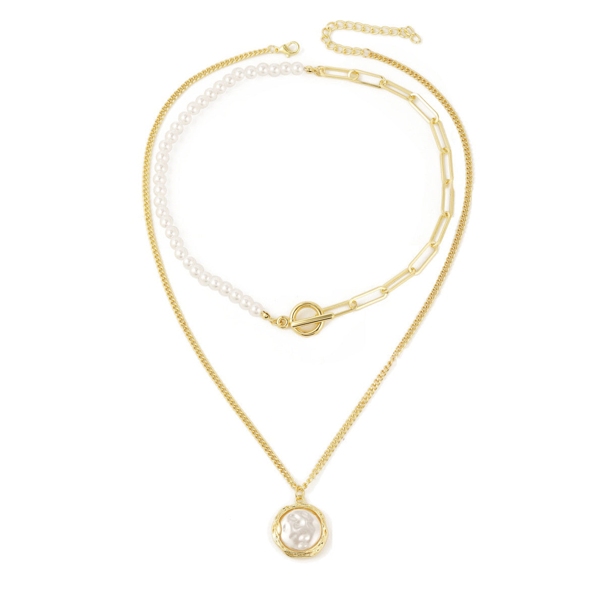 Pearl & 18K Gold-Plated Half-Chain Necklace & Round Pendant Necklace