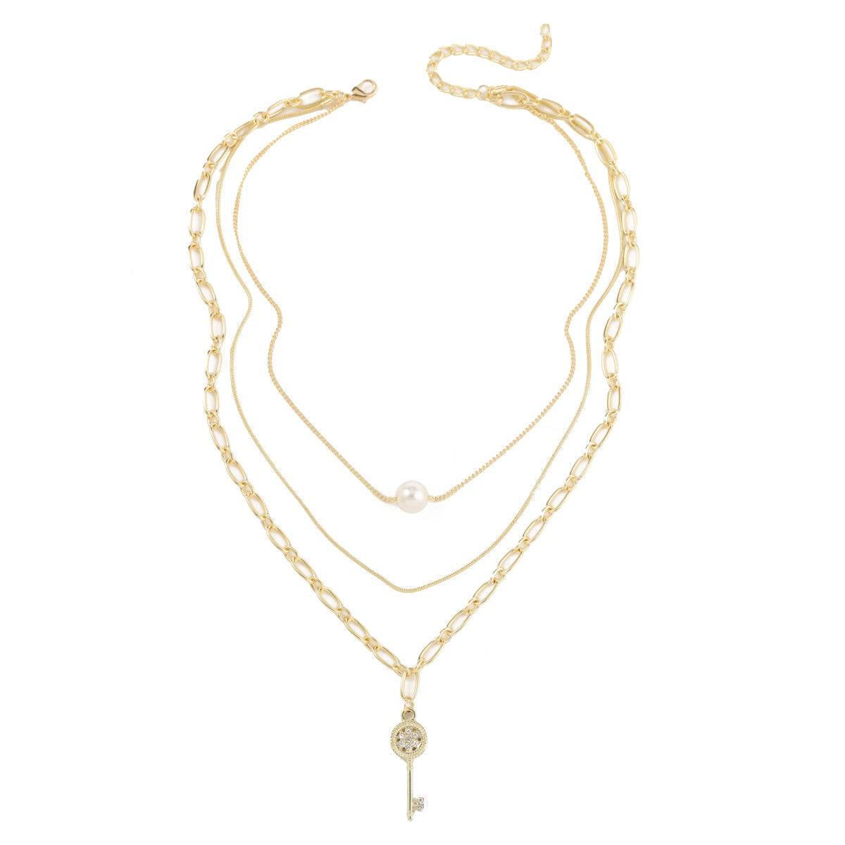 Pearl & Cubic Zirconia 18K Gold-Plated Key Pendant Layered Necklace