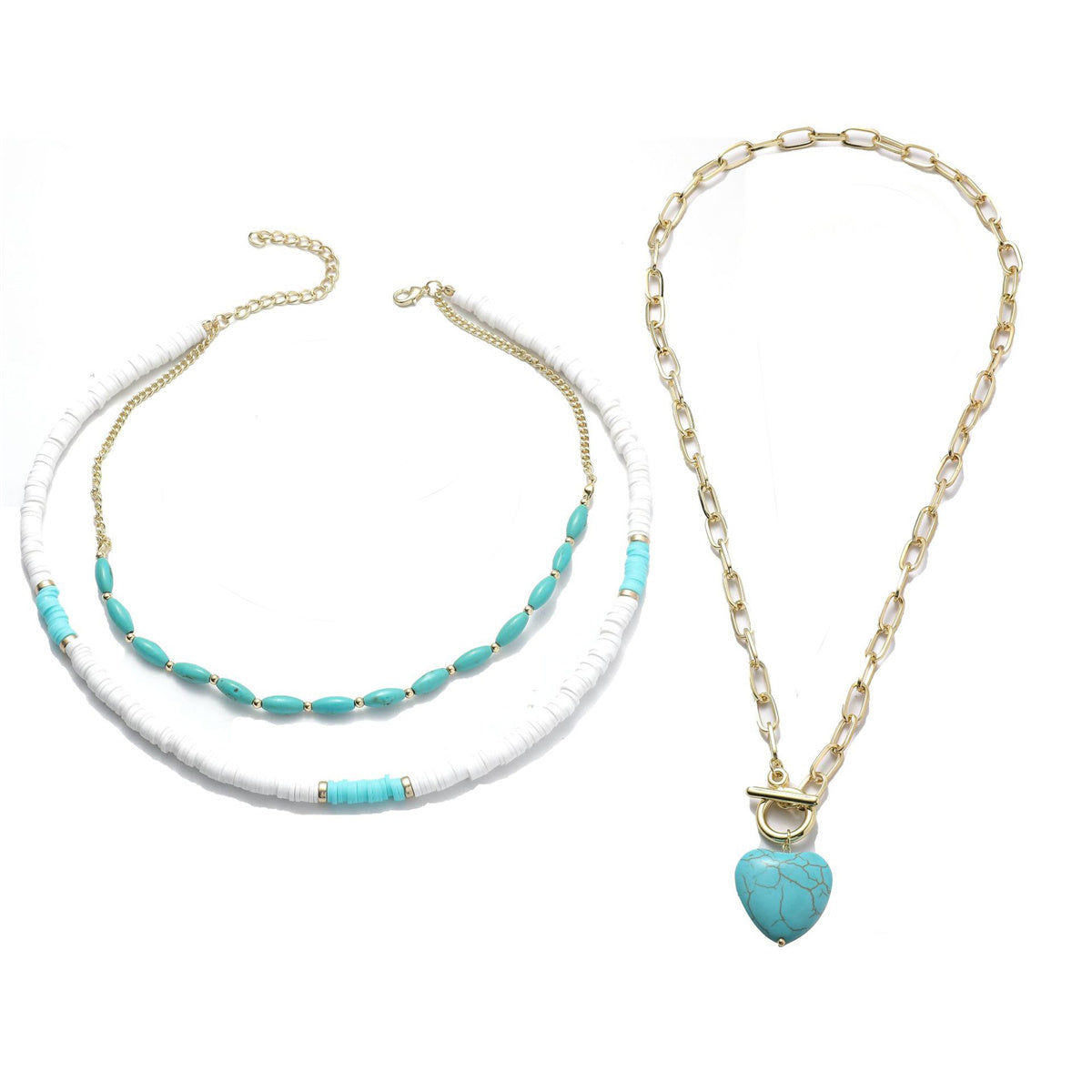 Turquoise Layered Necklace & 18K Gold-Plated Heart Pendant Necklace