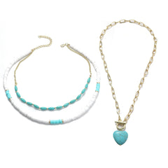 Turquoise Layered Necklace & 18K Gold-Plated Heart Pendant Necklace