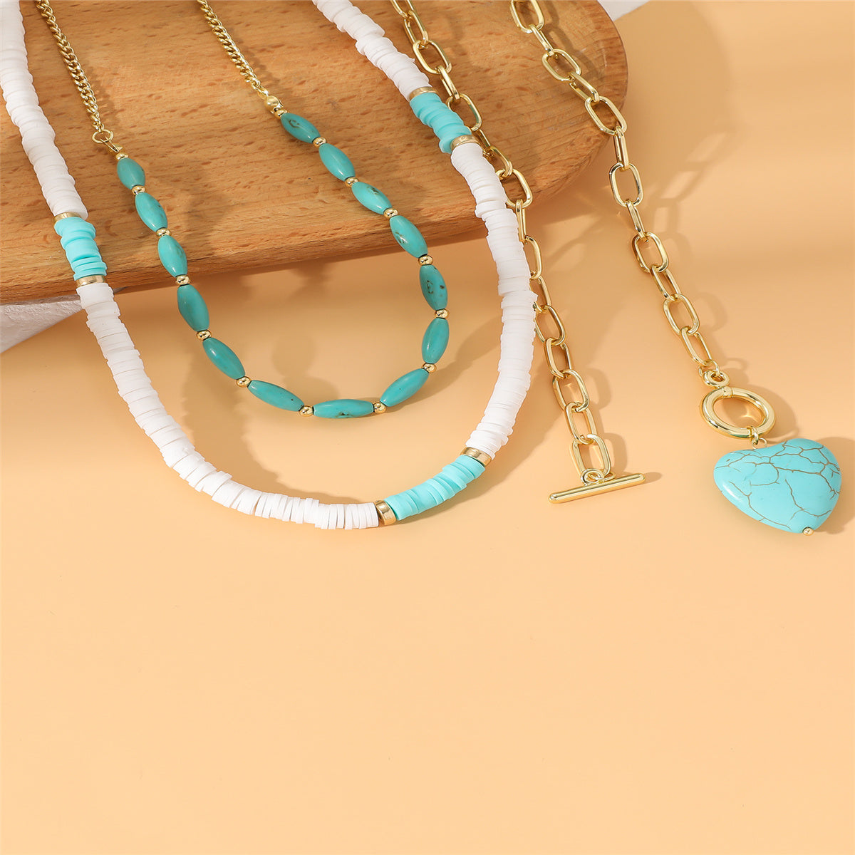 Turquoise Layered Necklace & 18K Gold-Plated Heart Pendant Necklace