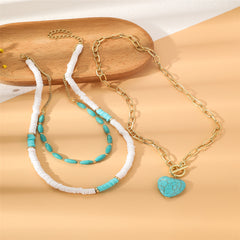 Turquoise Layered Necklace & 18K Gold-Plated Heart Pendant Necklace