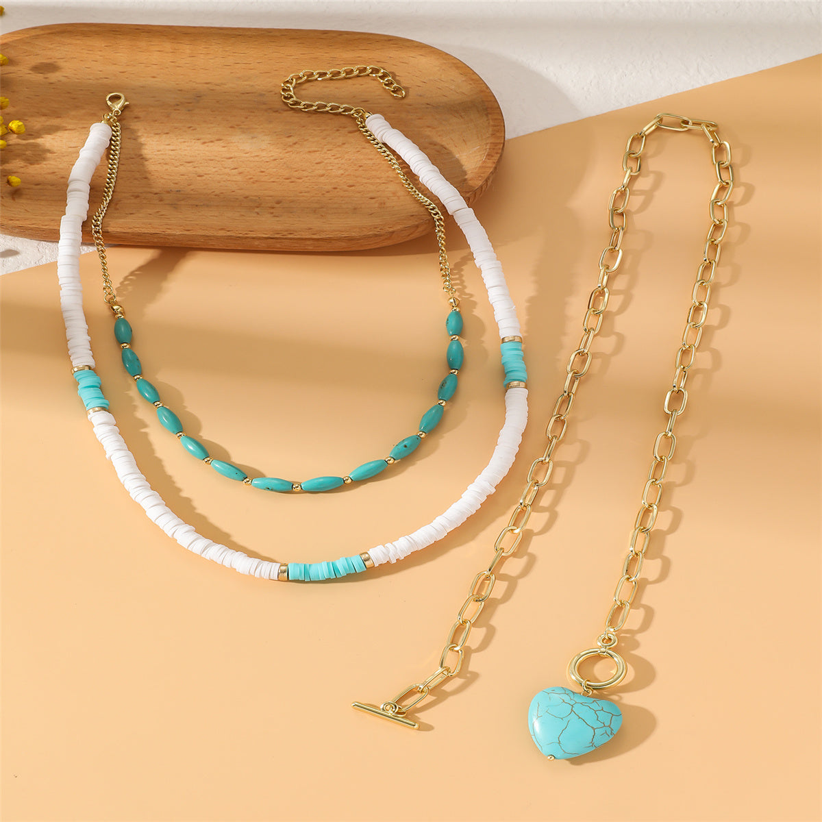 Turquoise Layered Necklace & 18K Gold-Plated Heart Pendant Necklace