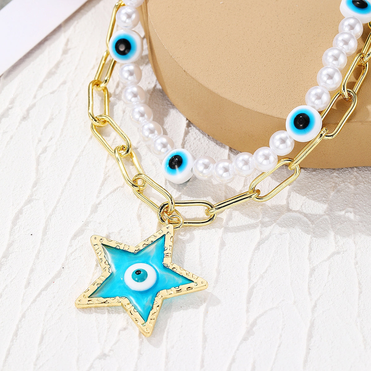 Pearl & Light Blue Enamel 18K Gold-Plated Star Pendant Eye Station Layered Necklace