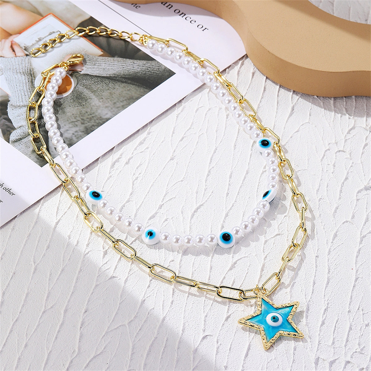 Pearl & Light Blue Enamel 18K Gold-Plated Star Pendant Eye Station Layered Necklace