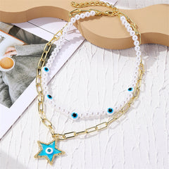 Pearl & Light Blue Enamel 18K Gold-Plated Star Pendant Eye Station Layered Necklace