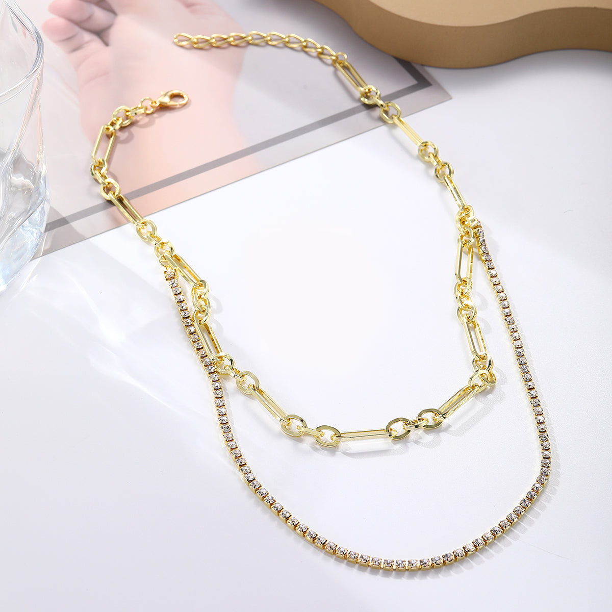 Cubic Zirconia & 18K Gold-Plated Layered Chain Necklace