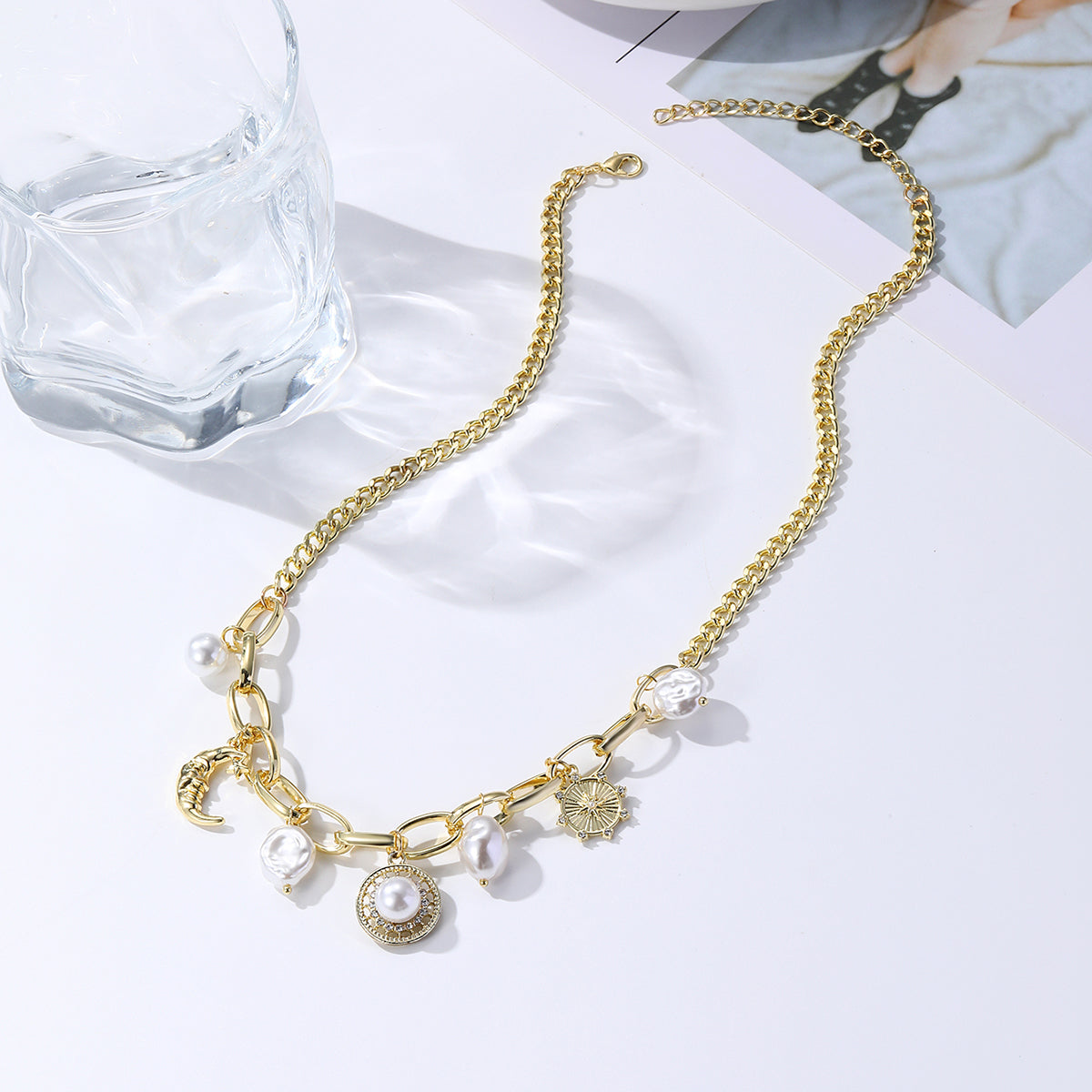 Cubic Zirconia & Pearl 18K Gold-Plated Moon Pendant Necklace