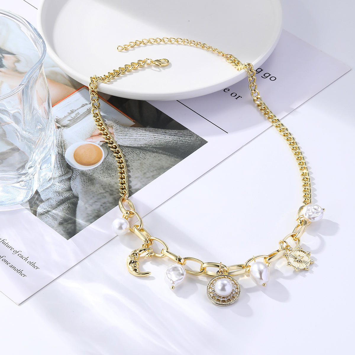 Cubic Zirconia & Pearl 18K Gold-Plated Moon Pendant Necklace