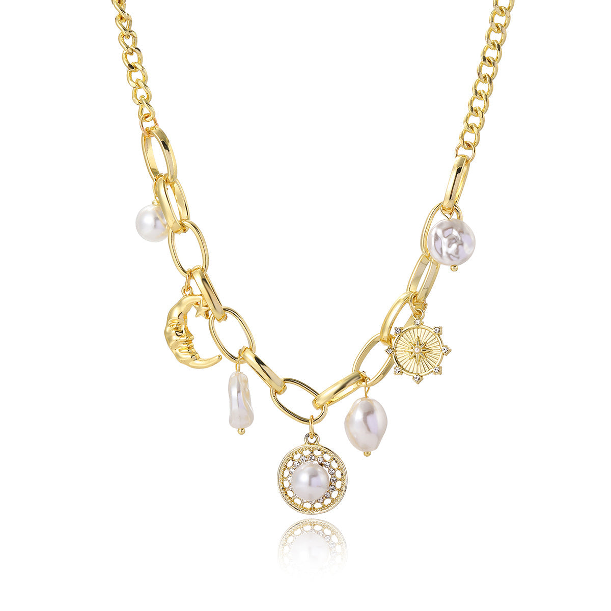 Cubic Zirconia & Pearl 18K Gold-Plated Moon Pendant Necklace