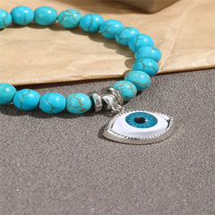 Turquoise & Silver-Plated Eye Charm Beaded Stretch Bracelet