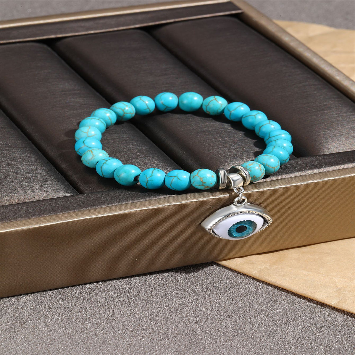 Turquoise & Silver-Plated Eye Charm Beaded Stretch Bracelet