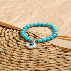 Turquoise & Silver-Plated Eye Charm Beaded Stretch Bracelet