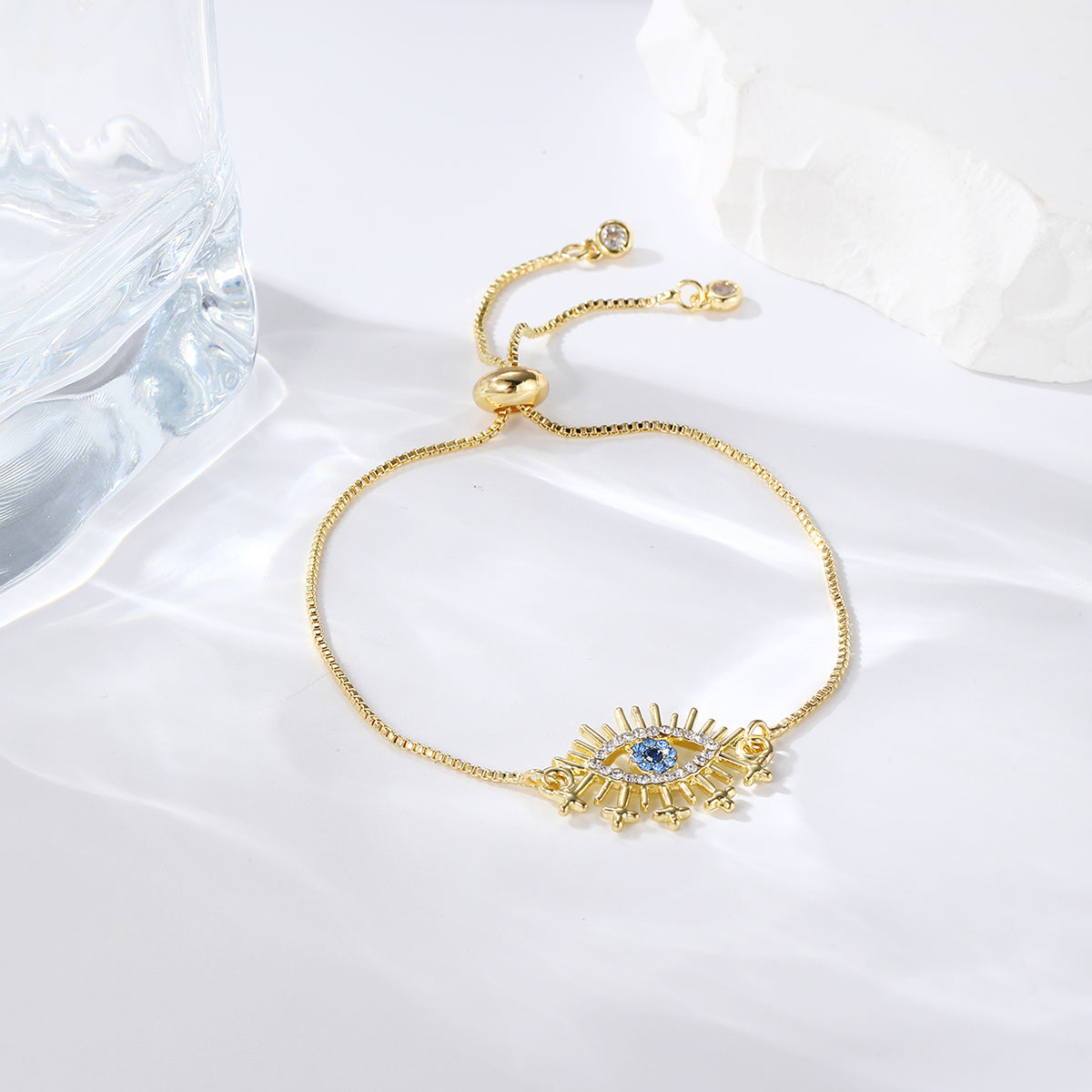 Cubic Zirconia & 18K Gold-Plated Eye Charm Adjustable Bracelet