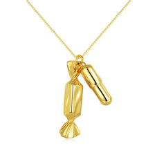 A stunning 18K gold-plated necklace featuring a whimsical candy bar and pill pendant, perfect for playful fashion lovers.