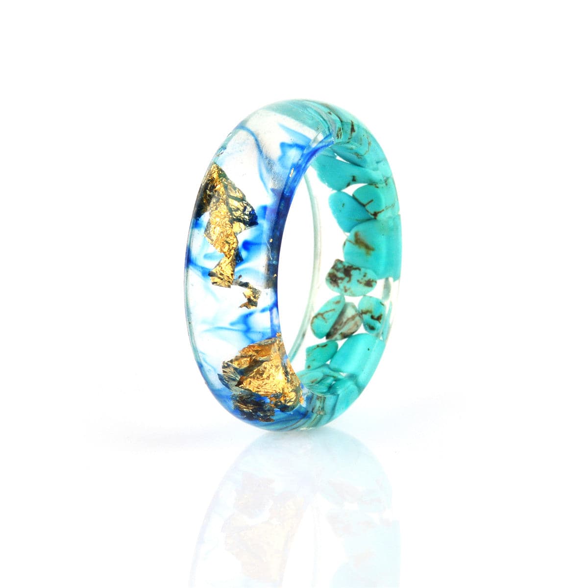 Blue & Golden Resin Dried Flower Stone Band Ring
