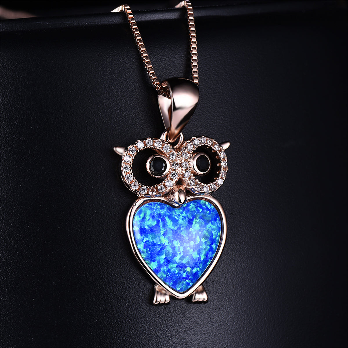 Blue Opal & Clear Cubic Zirconia Owl Pendant Necklace